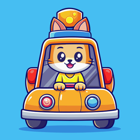 Adorable Cartoon Cat Enjoying a Taxi Ride with Cheerful Smileのイラスト素材
