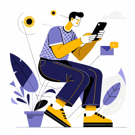 Vector illustration of a young man sitting on the floor and using a smartphone. Flat style.のイラスト素材