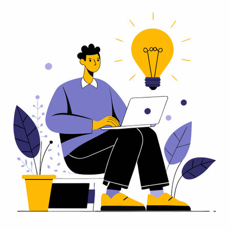 A Young Man's Brilliant Idea While Working on His Laptopのイラスト素材