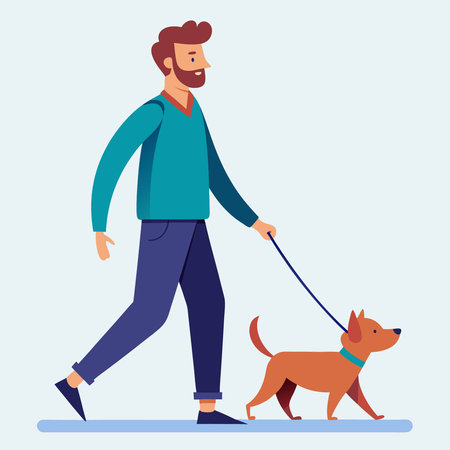 Man Strolls Leisurely with His Dog in Modern Vector Illustrationのイラスト素材
