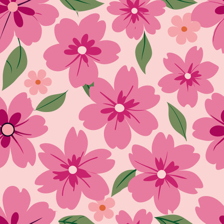 Seamless Vector Pattern of Delicate Pink Flowers with Green Foliageのイラスト素材