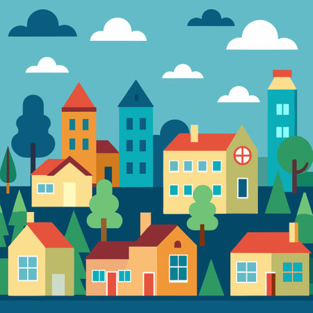 Seamless City Landscape Background with Classic Houses in Vibrant Huesのイラスト素材