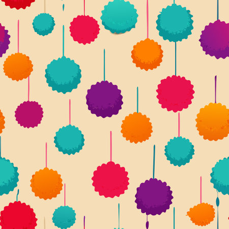 Vibrant and Festive Hanging Pompoms in a Sea of Colorのイラスト素材