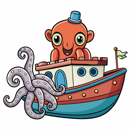 Adorable Octopus Embarks on a Nautical Adventure on a Cartoon Boatのイラスト素材