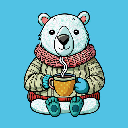 Adorable Knitting Polar Bear Sipping Coffee in a Cozy Cartoon Sceneのイラスト素材