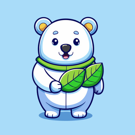 Adorable Polar Bear Holding a Leaf in Its Paw, Vector Illustrationのイラスト素材