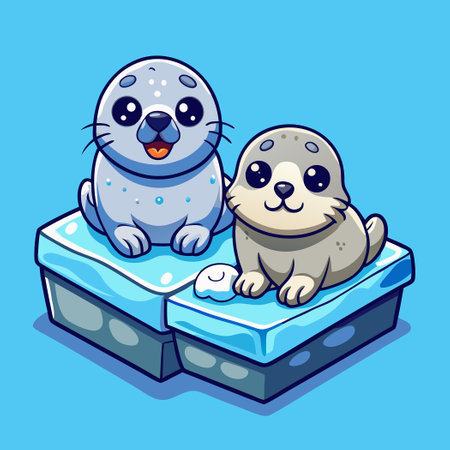 Adorable Seals Resting Comfortably on Icy Surface in Cartoon Styleのイラスト素材