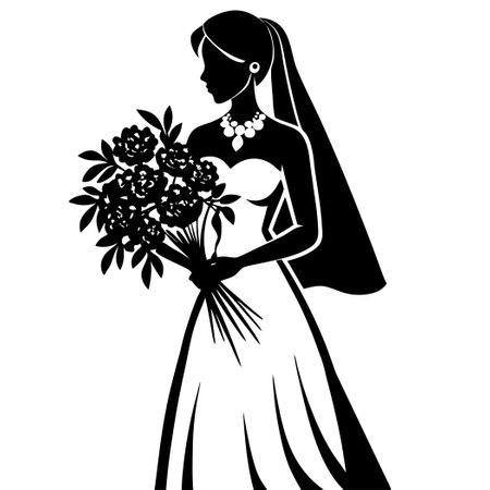 Isolated Silhouette of a Bride Holding a Beautiful Bouquetのイラスト素材
