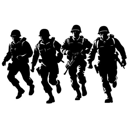 Silhouettes of Army Soldiers Charging into Actionのイラスト素材