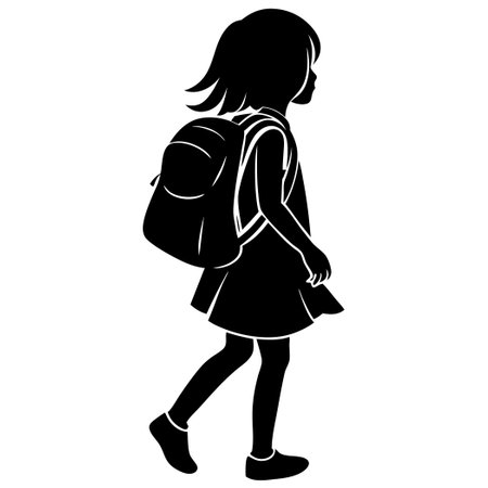 Isolated Silhouette of a Girl with a Backpack and Flowy Long Hair in Motionのイラスト素材