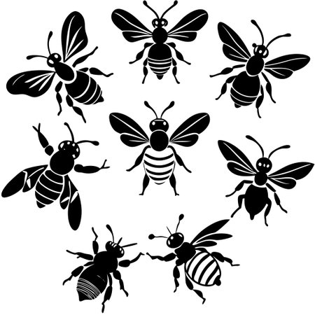 Flying Bees Silhouette Collection: A Set of Eight Honey Bee Outlinesのイラスト素材