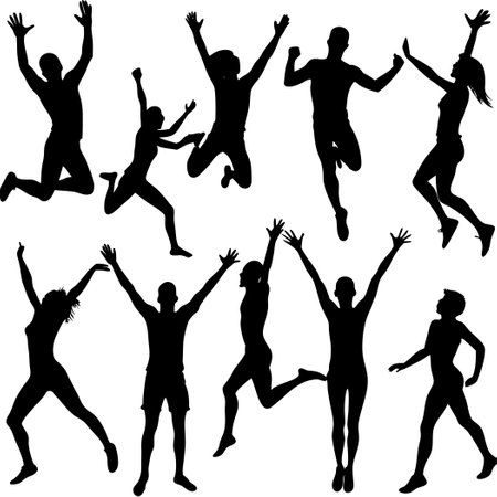 Collection of Minimal Silhouette Figures Leaping in Unisonのイラスト素材