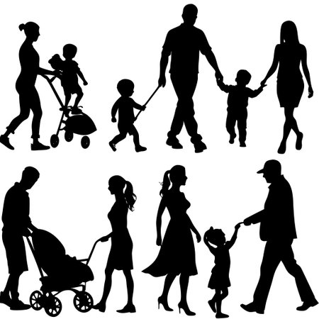 Silhouette of 8 Parents Walking Together in Minimalist Styleのイラスト素材