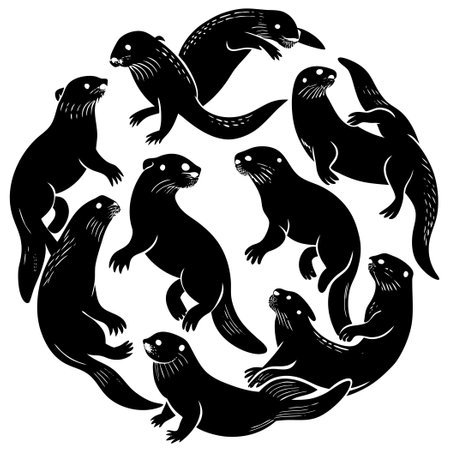 Majestic Silhouette of Eight Swimming Otters in Harmonyのイラスト素材