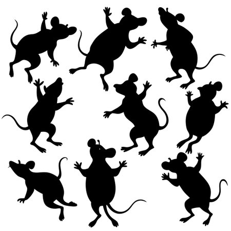Minimalist Collection of Eight Jumping Mouse Silhouettes in Blackのイラスト素材