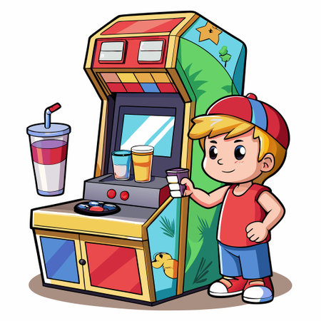 Nostalgic Arcade Machine and Soda Stand in Child-Friendly Play Areaのイラスト素材