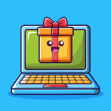 Cartoon Illustration of a Laptop with a Gift Box Tied with a Bowのイラスト素材