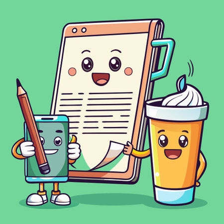 Cartoon Icon Illustration of a Workspace with Paper, Coffee Cup, Phone, and Penのイラスト素材