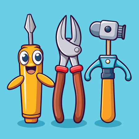 Humorous Cartoon Icons Illustrating Essential Construction Toolsのイラスト素材