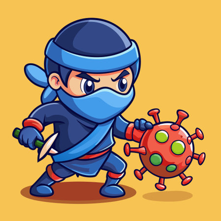 Adorable Ninja Vector Icon Character Cunningly Eliminating a Virus Threatのイラスト素材