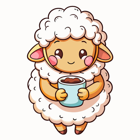 Adorable Sheep Embracing a Warm Coffee Mug in Cartoon Vector Illustrationのイラスト素材
