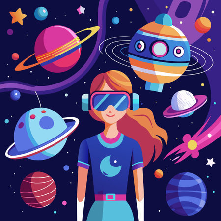 Girl Exploring Virtual Reality Amidst the Vastness of Spaceのイラスト素材