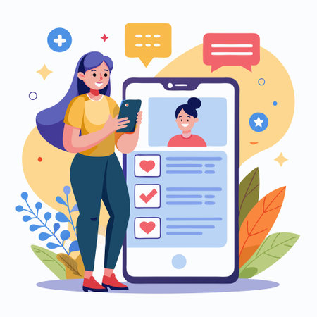 Woman Standing Near Smartphone Focused on Social Media on Social Media Pageのイラスト素材