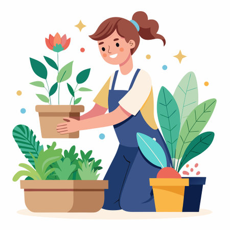 Young Girl's Affectionate Nurturing of Indoor Plantsのイラスト素材
