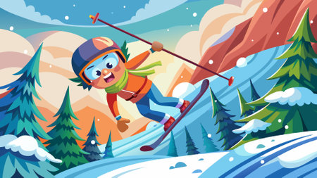 Young Male Skier Falling Gracefully into a Snowy Drift Using Polesのイラスト素材