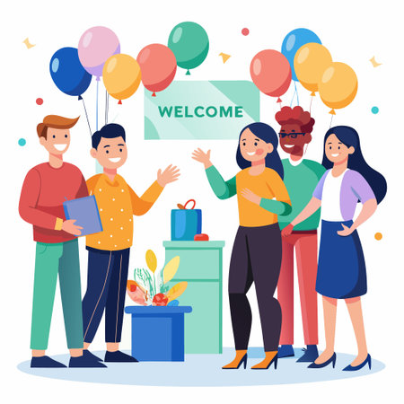 Enthusiastic Welcome Party: Warm Greetings for the Newcomerのイラスト素材