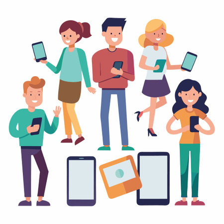 Group of People Holding and Using Smartphones Indoorsのイラスト素材