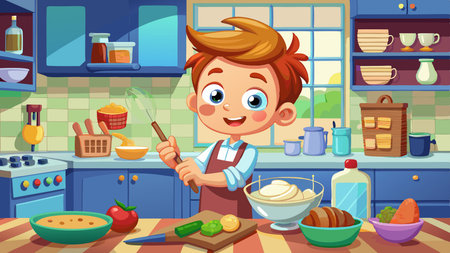 Teenage Boy in a Messy Kitchen Cooking with an Unkempt Appearanceのイラスト素材