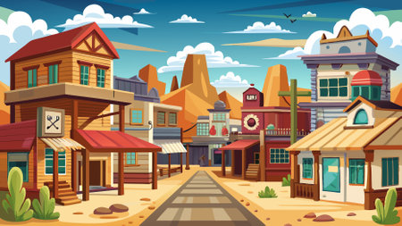 Intriguing Wild West Town Street with Intricate Vector Buildingsのイラスト素材