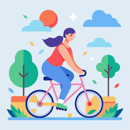 Young Girl Enjoying a Restful Weekend Getaway While Woman Rides Bicycle Nearbyのイラスト素材