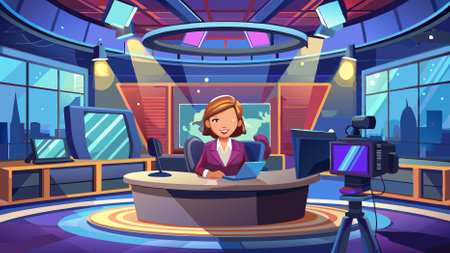 Modern TV News Studio with Desk and Broadcast Equipmentのイラスト素材