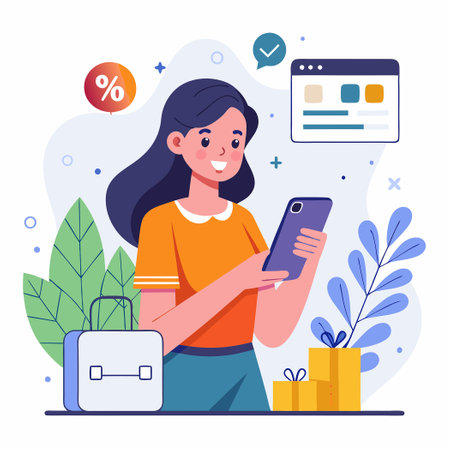 Young Woman Using Smartphone, Receiving Cashback Offer with Daughterのイラスト素材