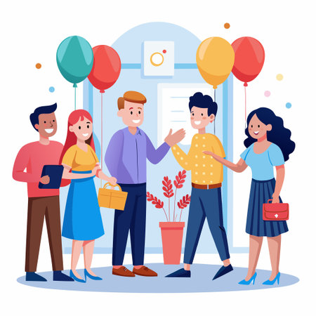 Men and Women Welcome Newcomer at a Lively Partyのイラスト素材