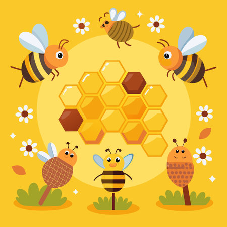 Buzzing Bees Flitting Around Honeycomb with Golden Borderのイラスト素材