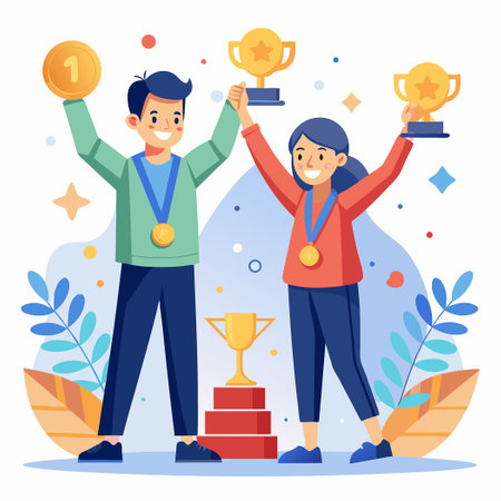 Man and Woman Celebratory Gesture for Team Victory with Joy and Energyのイラスト素材