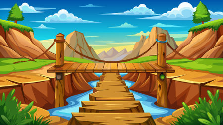 Precarious Suspension Bridge of Wood Logs Across Mountain Cliff Edgesのイラスト素材