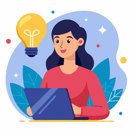 Young Girl with Bright Idea Inspired by Woman Mentor with Light Bulbのイラスト素材