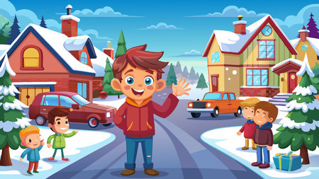 Snowy Suburban Street with Red House and Parked Cars on a Winter Dayのイラスト素材