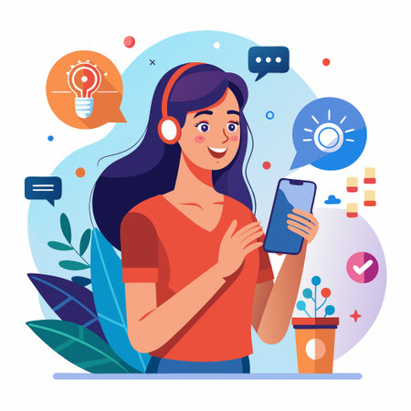 Teen Girl Using Smartphone and Voice Search with Woman in Backgroundのイラスト素材