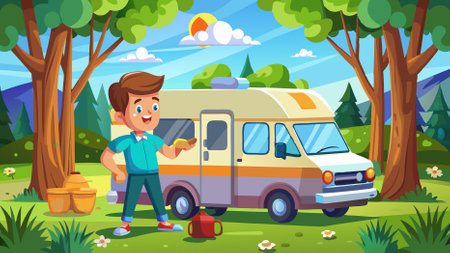 Young Man Cleaning Camper Van Window with Cloth in Natureのイラスト素材