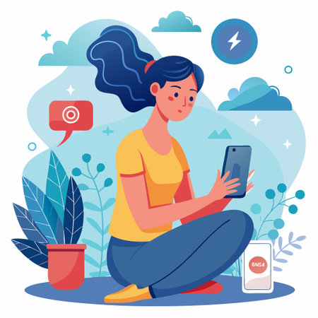 Young Woman Embraces Digital Detox, Unplugs from Virtual Lifeのイラスト素材