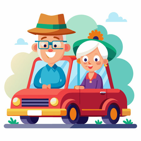 Senior Couple Driving Together in a Car: The Joy of Freedom and Independenceのイラスト素材
