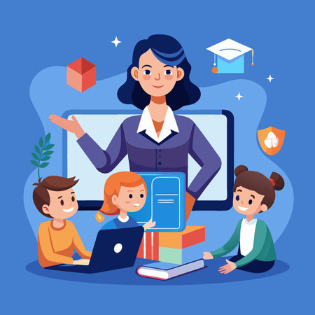 Young Girl Engaged in Virtual Classroom Session via Cubeのイラスト素材