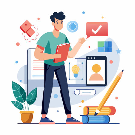 Young Male Graphic Designer Working on Standing Desk with Pencilのイラスト素材