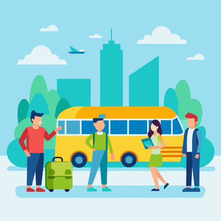 Group of Men Patiently Waiting for Public Transportation at Bus Stopのイラスト素材