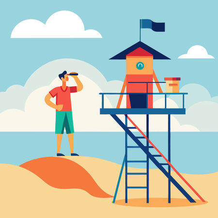 Vigilant Lifeguard Scans the Beach with Binoculars for Safetyのイラスト素材
